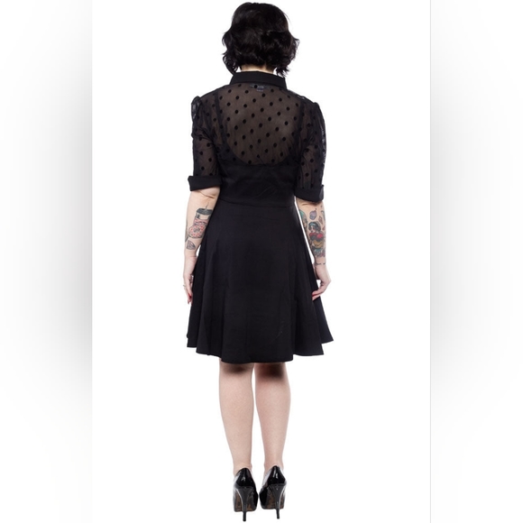 NWOT Collectif Wednesday Black Flocked Polka Dot Collared Swing Dress - Picture 5 of 16